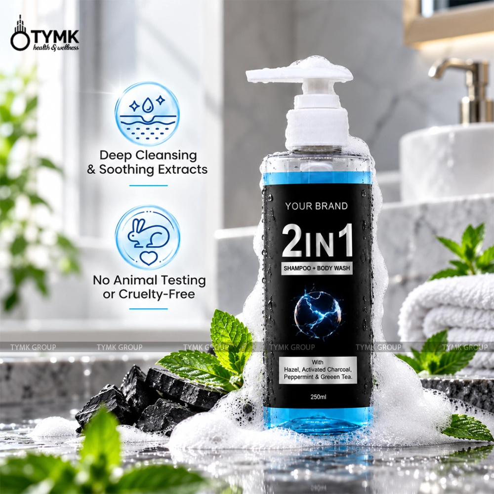 2in1 Shampoo + Body Wash (Cooling)- Sulfate Free - With Witch Hazel, Activated Charcoal, Peppermint & Greeen Tea (Opaque type)