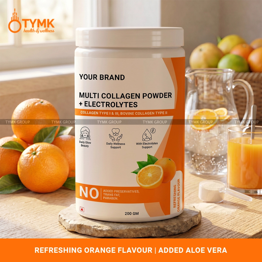 Multi Collagen Powder + Electrolytes - (Orange Flavour) (Type 1, 2 & 3 - Fish, Bovine & Vegan) with Hyaluronic Acid & Biotin