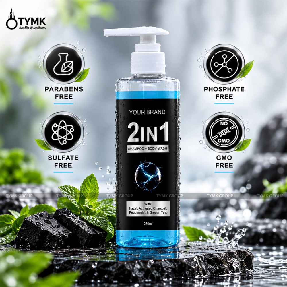 2in1 Shampoo + Body Wash (Cooling)- Sulfate Free - With Witch Hazel, Activated Charcoal, Peppermint & Greeen Tea (Opaque type)