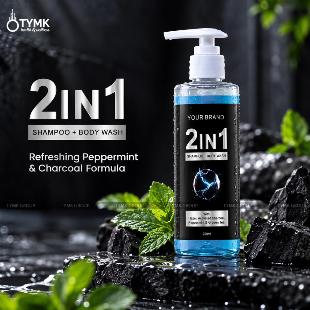 2in1 Shampoo + Body Wash (Cooling)- Sulfate Free - With Witch Hazel, Activated Charcoal, Peppermint & Greeen Tea (Opaque type)